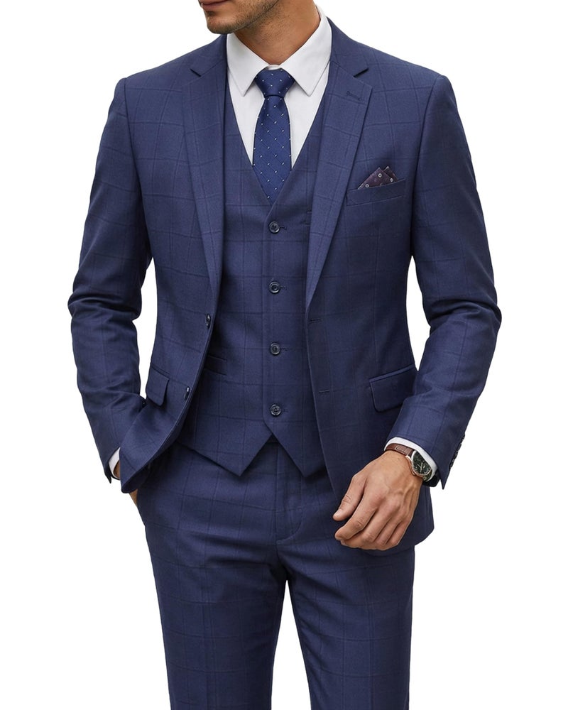YND Men's 3 Piece Suit Set with Tie, 2 Button Slim Fit Solid Blazer Jacket Vest Pants, Business Wedding Party Suits for Men, Deep Blue - Black Plaid - Image 1